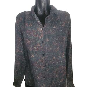 Vintage Essential Needs Floral Print 100% Silk Shirt L